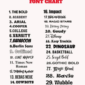 Puede incluir: Tabla de fuentes para sudaderas con capucha Gildan para j&oacute;venes, con 30 estilos de fuente diferentes. Las fuentes var&iacute;an de negritas y cuadradas a script y decorativas, con nombres como "Impact" y "Disney."