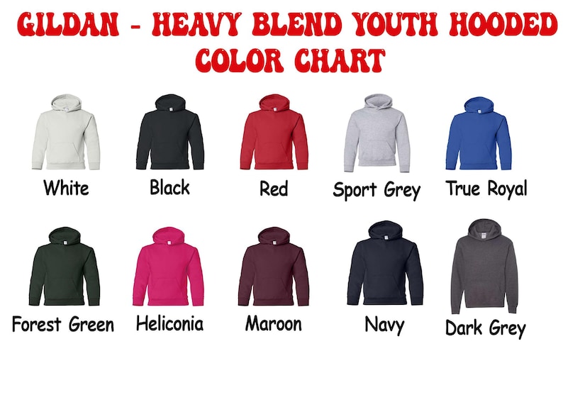 Puede incluir: Tabla de colores de sudaderas con capucha Gildan Heavy Blend para j&oacute;venes. La tabla muestra sudaderas con capucha en varios colores, incluyendo blanco, negro, rojo, gris deportivo, azul real, verde bosque, heliconia, granate, marino y gris oscuro.