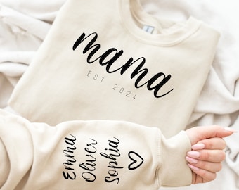 Mama Est 2024 Sweatshirt, New Mom Gift Sweatshirt, Mothers Day Sweatshirt, Custom Mama Sweatshirt with kids name on sleeve, Mothers Day Gift