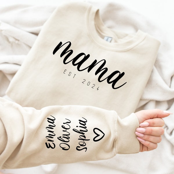 Mama Est 2024 Sweatshirt, New Mom Gift Sweatshirt, Mothers Day Sweatshirt, Custom Mama Sweatshirt with kids name on sleeve, Mothers Day Gift