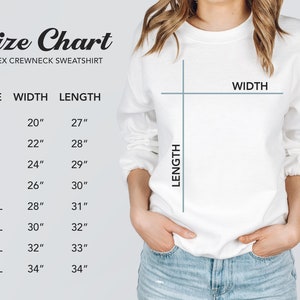 Peut inclure: Tableau des tailles pour un sweat-shirt &agrave; col rond unisexe. Le tableau indique les mesures de largeur et de longueur en pouces pour les tailles S &agrave; 5XL.