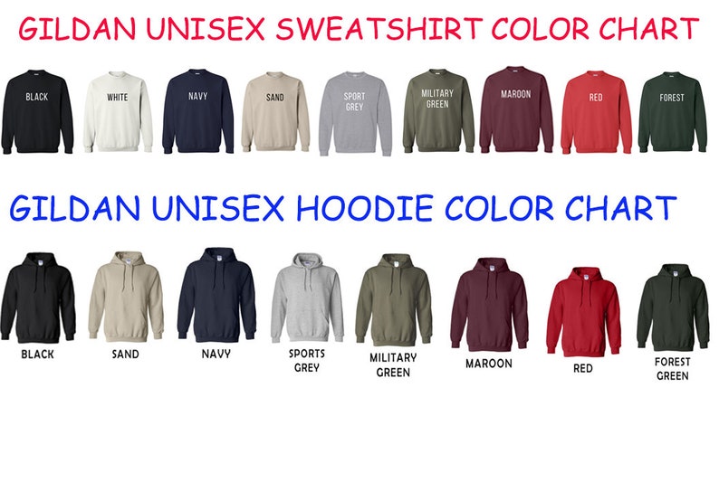 Peut inclure: Nuancier de couleurs pour sweat-shirts et sweats &agrave; capuche unisexes Gildan. Le nuancier pr&eacute;sente les couleurs disponibles pour les deux styles, notamment le noir, le blanc, le marine, le sable, le gris sport, le vert militaire, le bordeaux, le rouge et le vert for&ecirc;t.