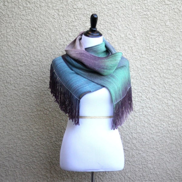 Handwoven scarf, pashmina scarf, gradient color green blue brown long women scarf with fringe