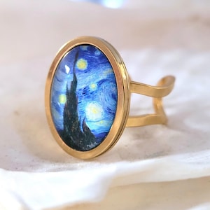 QUALITY STAINLESS STEEL Van Gogh Starry Night Famous Painting Impressionism Art History Gold Colored Oval Statement Adjustable Ring