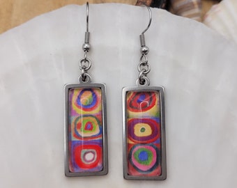 Kandinsky Concentric Circles Modern Abstract Art Inspired Silver Rectangular Dangle Stainless Steel Earrings with French or Leverback Hooks