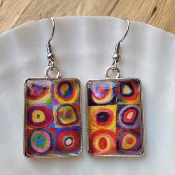 Wassily Kandinsky Color Study Squares with Concentric Circles Inspired Dangle Silver Rectangular Art Earrings