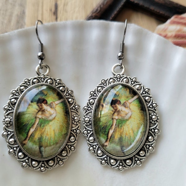 Degas "Dancer Tilting" Impressionist Art Inspired Dangle Oval Glass Earrings