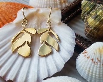 14K & 18K Gold Plated Matisse Inspired Organic Leaf Plant Floral Dangle Earrings