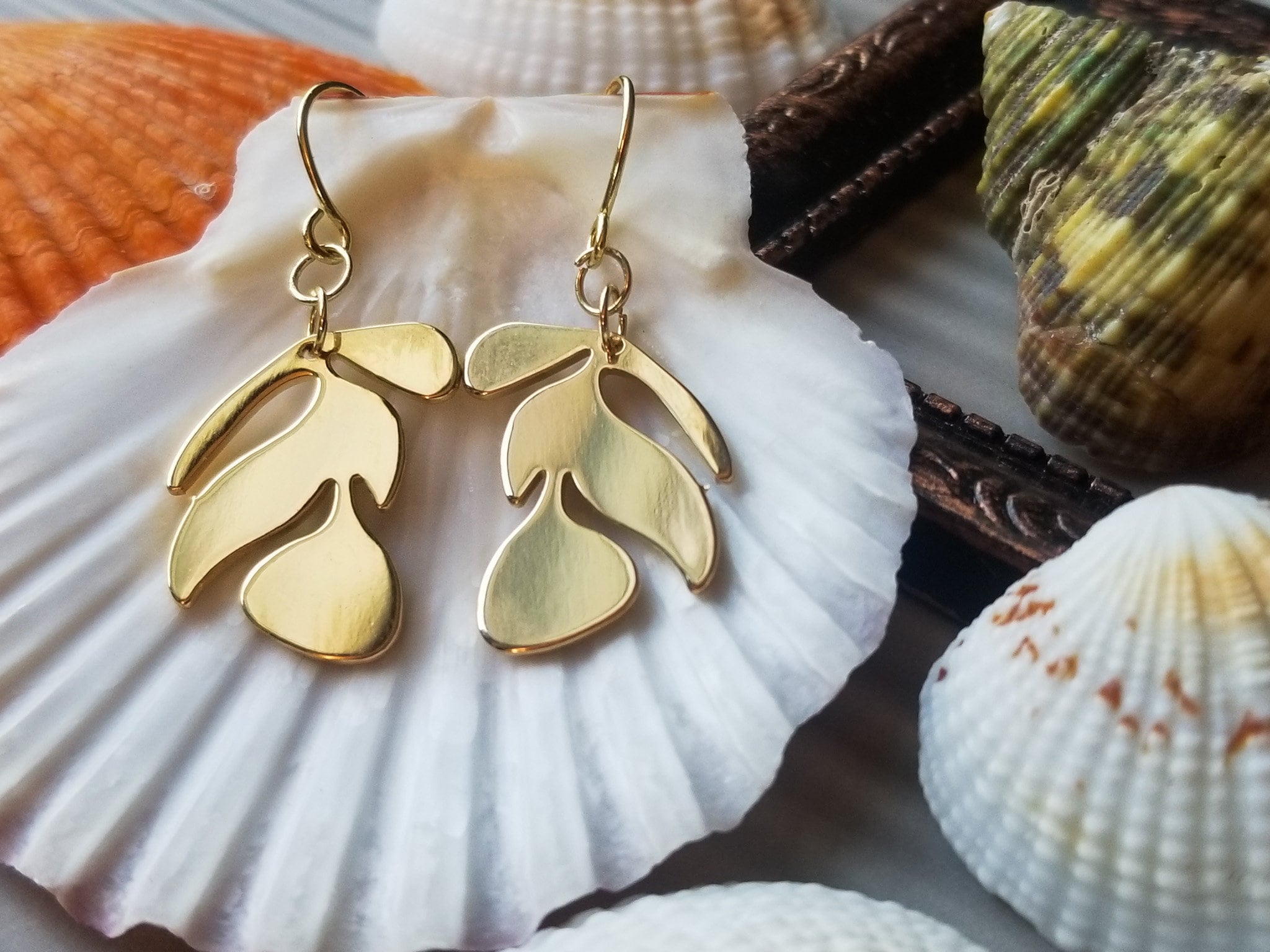14K & 18K Gold Plated Matisse Inspired Organic Leaf Plant Floral Dangle Earrings