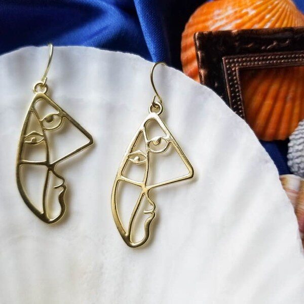 Gold Picasso Abstract Cubist Face Dangle Earrings with Hypoallergenic 14K Gold Plated Brass Hooks