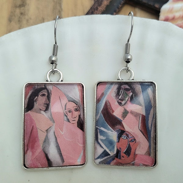 Picasso "Les Demoiselles d'Avignon" Painting Abstract Cubist Art Rectangular Dangle Glass Earrings