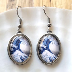 SMALL Hokusai The Great Wave off Kanagawa (Under the Wave off Kanagawa) STAINLESS STEEL Silver Dangle Earrings Artist Art History Gift
