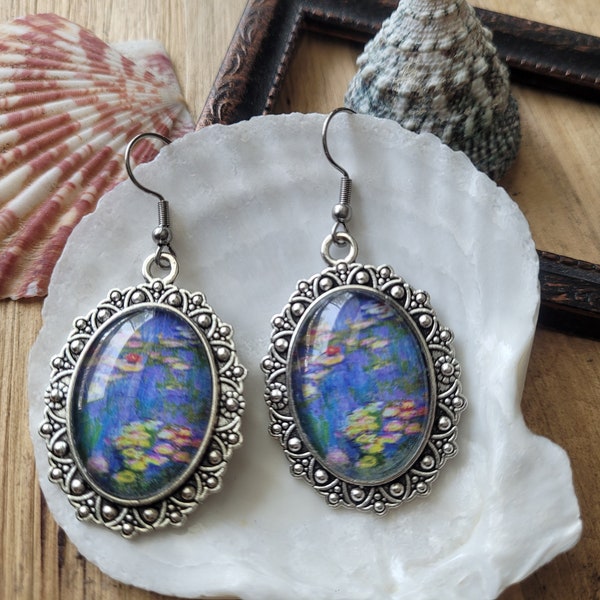 Monet "Water Lillies" Impressionist Vintage Art Inspired Silver Oval Glass Cabochon Dangle Earrings