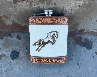 Cowhide & Tooled Leather Flask - 6oz - Brazilian Cowhide - Flask