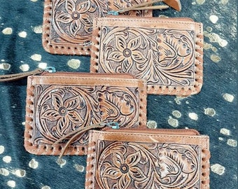 Tooled Cowhide Coin Pouch