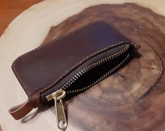 Leather Coin Zip Purse, Wallet, Pouch, Hand Stitched, Hand Made With Solid Brass Zipper