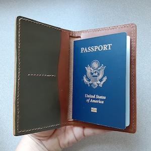 Hand Stitched Leather Passport Wallet: Veg Tan, Whiskey & Olive