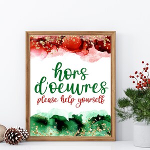 Printable Christmas Party Sign | Hors d&#39;Oeuvres | Appetizers | 8x10 Watercolor & Glitter