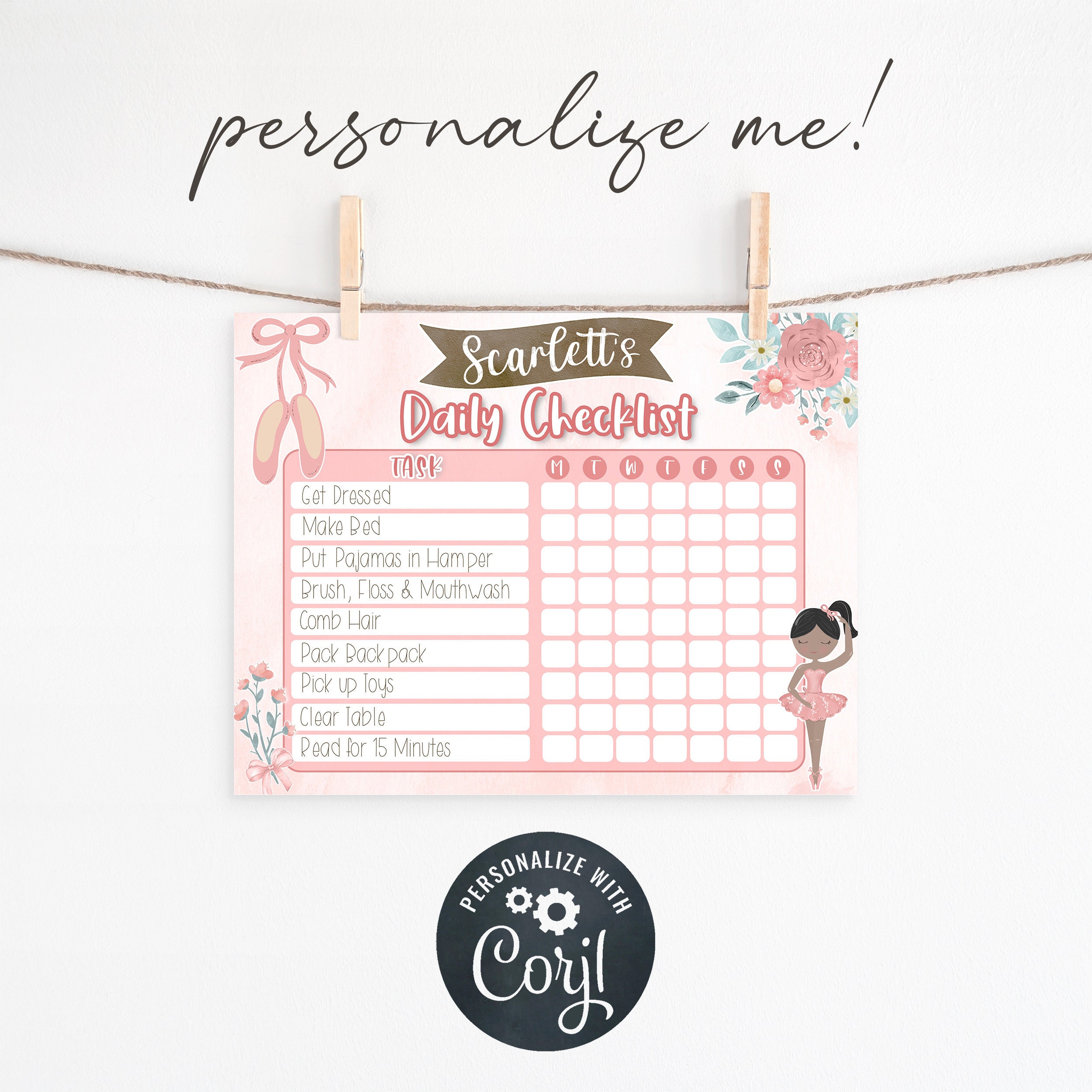 Personalized Kids' Chore Chart Checklist Template Black Ballerina ...