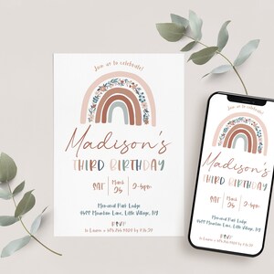 Personalized Boho Rainbow Birthday Party Invitation Template | Printable & Digital