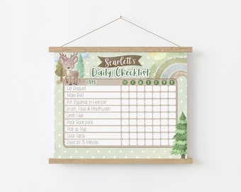 May include: A children's daily checklist with a woodland theme. The checklist includes tasks like "Get Dressed" and "Make Bed." The design features a deer, trees, and a rainbow. The checklist is held by a wooden frame.