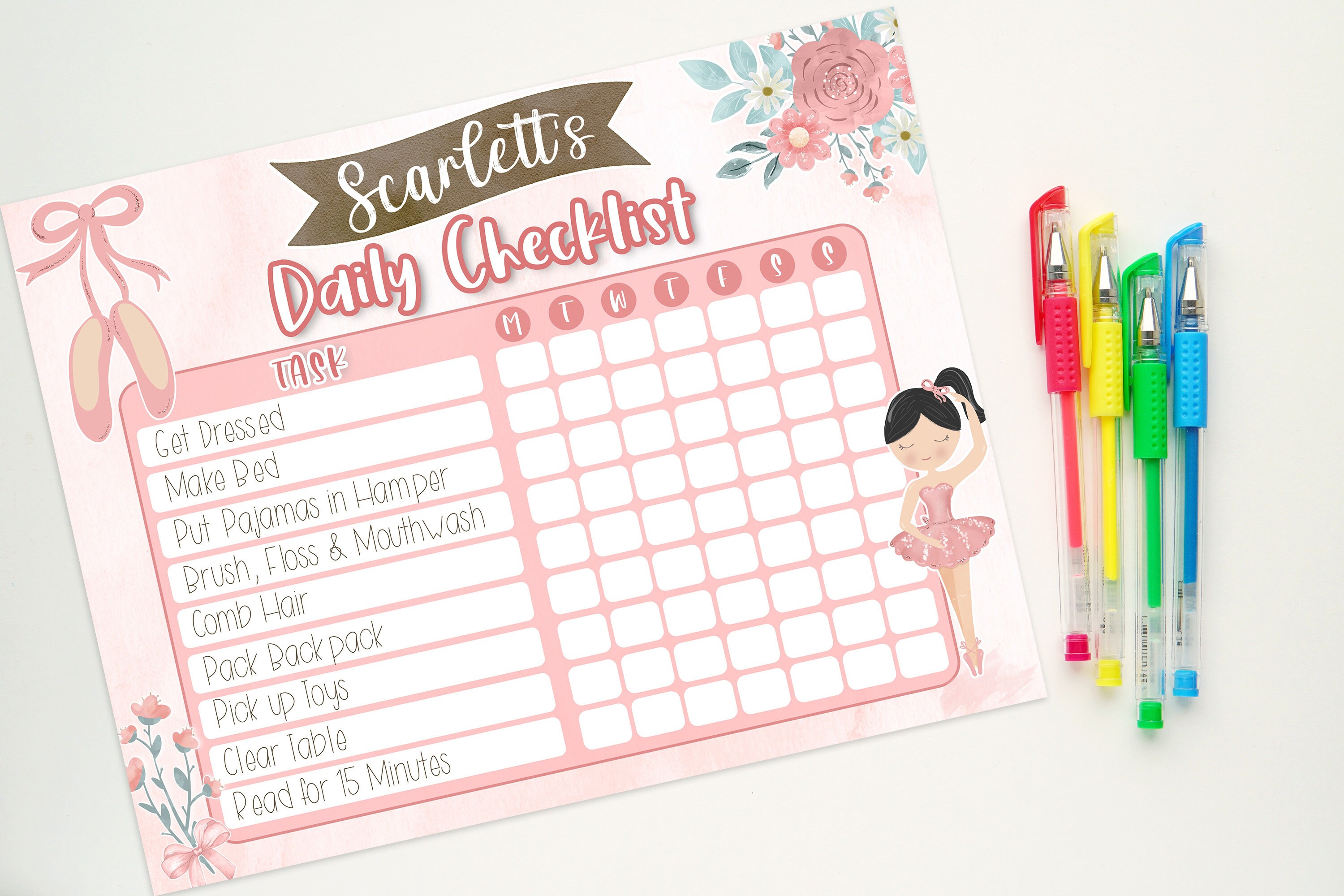 Personalized Kids' Chore Chart Checklist Template Black Hair Ballerina ...