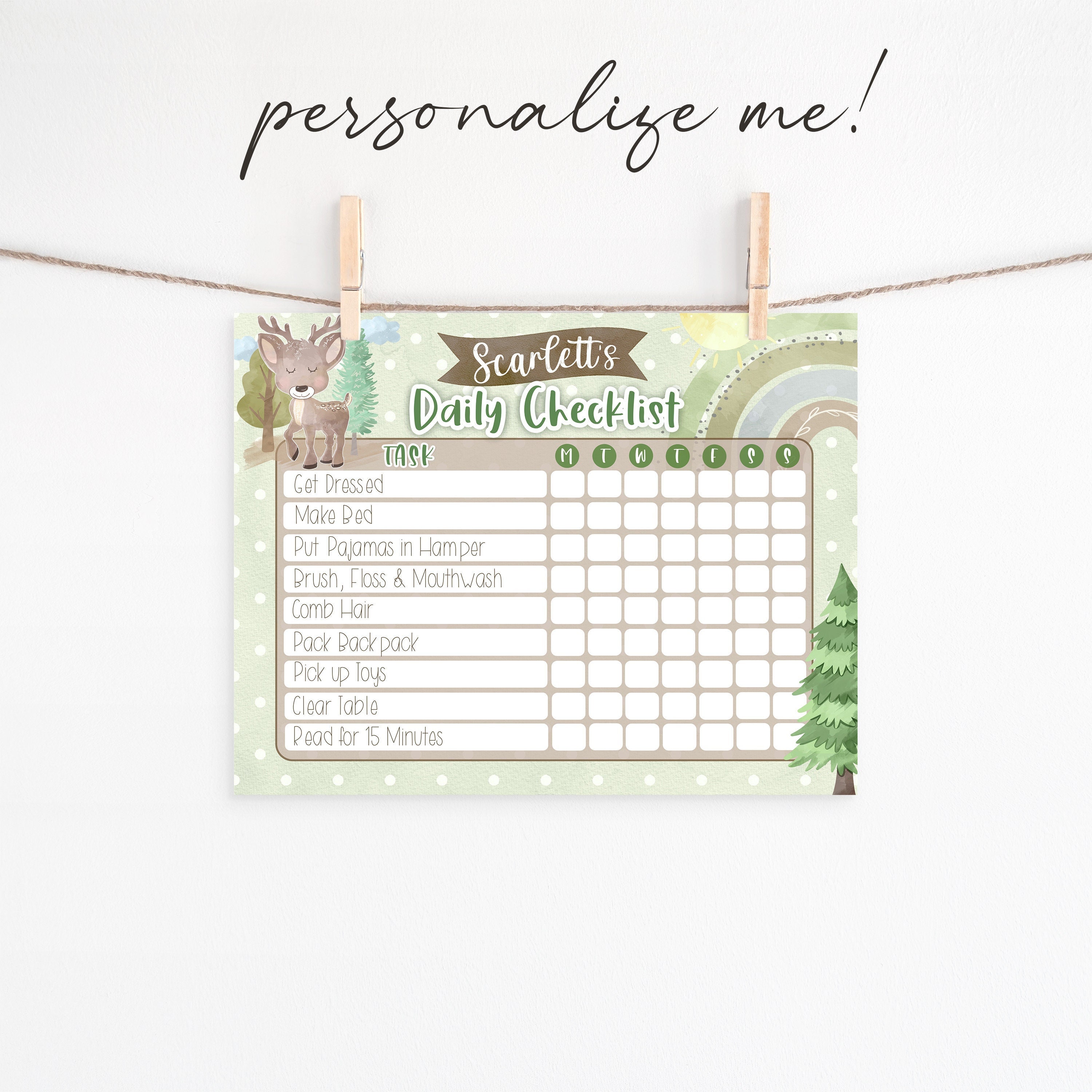 Personalized Kids' Chore Chart Checklist Template | Woodland for Boys ...