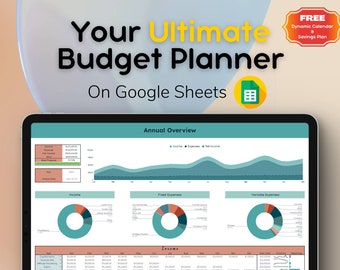 May include: A screenshot of a Google Sheet spreadsheet on a tablet screen. The spreadsheet is titled "Your Ultimate Budget Planner" and includes a line graph, pie charts, and tables. The spreadsheet is designed to help users track their income and expenses.