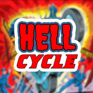 Op de afbeelding: Een rode en blauwe sticker met de woorden "HELL CYCLE" in een vet, gestileerd lettertype.
