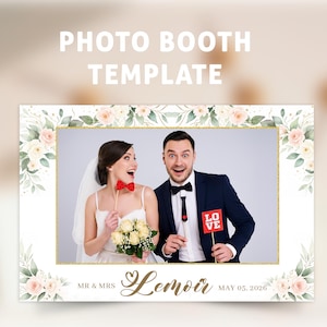 Modelo de cabine de fotos de casamento 4x6 cartão postal | Moldura floral blush e dourada | Festa de aniversário para impressão