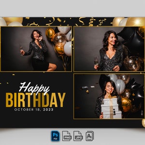 May include: A photo booth backdrop with a black background and gold confetti. There are three photo strips with a woman in each photo. The text "Happy Birthday" and "October 18, 2023" is printed in gold.