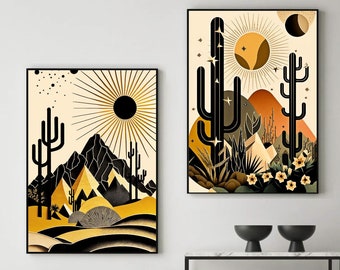 Conjunto de 2 colores negro y dorado Plantas solares del desierto, Ilustración abstracta, Arte moderno de mediados de siglo Decoración boho Paisaje geométrico Arte de pared de cactus