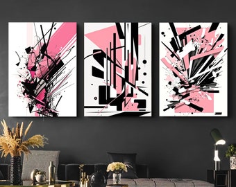 Arte de pared abstracto rosa y negro, conjunto de 3, conjunto de arte moderno, arte de pared imprimible, descarga de impresión contemporánea, impresión digital de arte de galería rosa