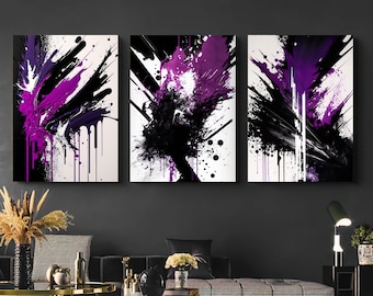 Arte de pared abstracto púrpura y negro, conjunto de 3, conjunto de arte moderno, arte de pared imprimible, descarga de impresión contemporánea, impresión de arte de galería púrpura