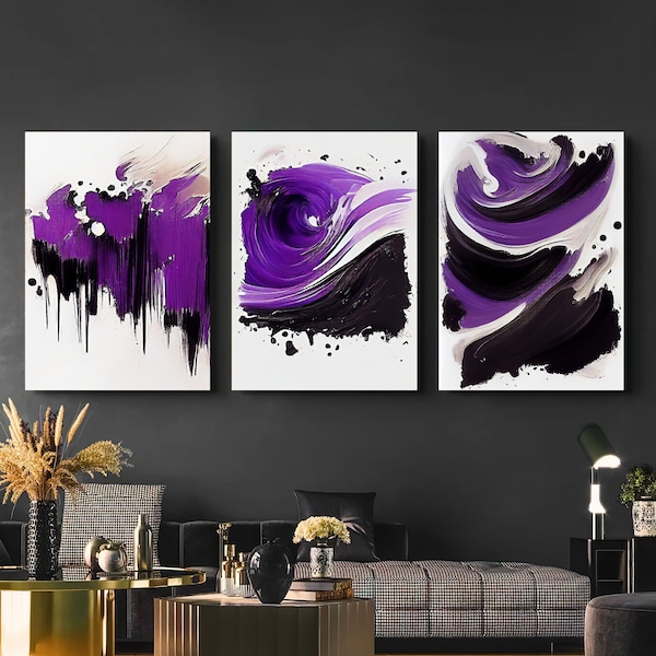 Purple and Black Abstract Wall Art, Set of 3, Modern Art Set, Printable Wall Art, Modern Art Print Download, Art Prints Download Abstract