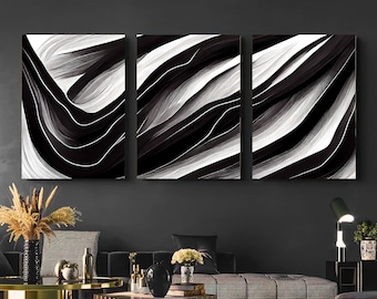 Pintura en blanco y negro, conjunto de 3 y arte de pared imprimible grande, arte de pared de galería, descarga de pintura abstracta, arte de pared de 3 piezas, arte lineal