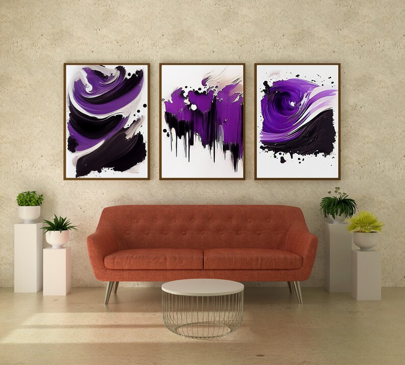 Purple and Black Abstract Wall Art, Set of 3, Modern Art Set, Printable Wall Art, Modern Art