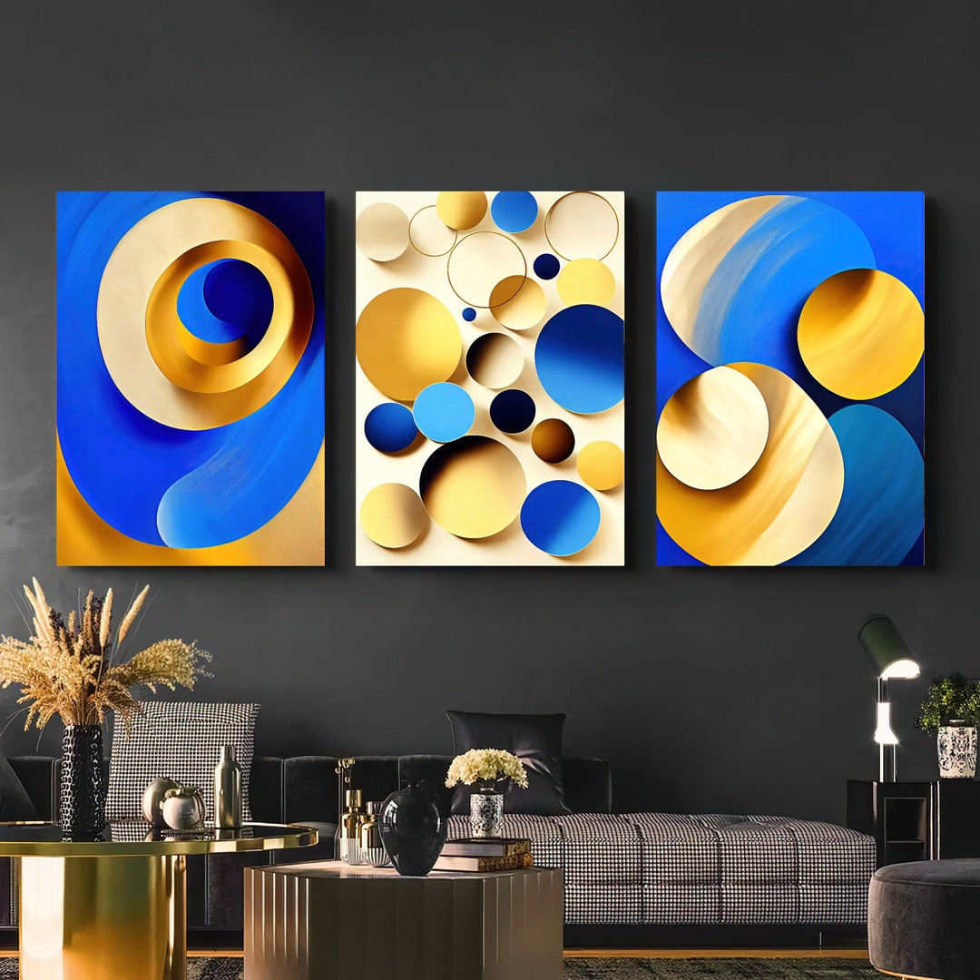 Blue and Gold Wall Art Set of 3 Geometric Abstract Mid Etsy