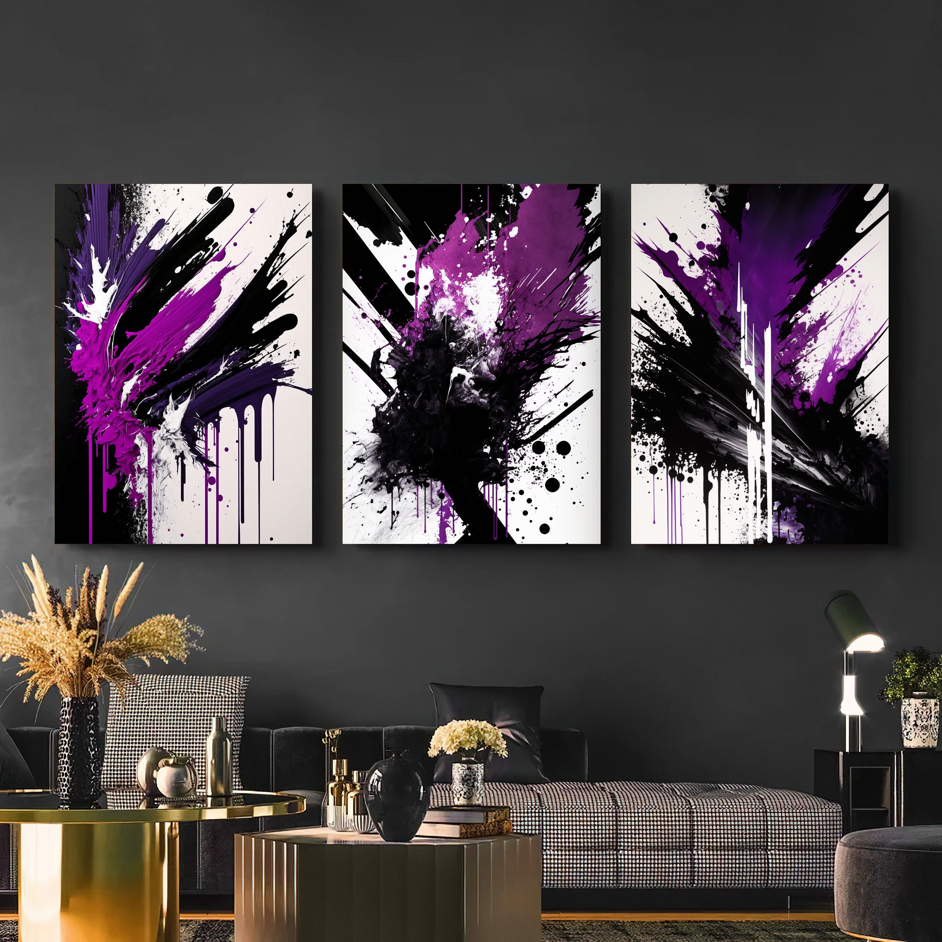 Purple and Black Abstract Wall Art, Set of 3, Modern Art Set, Printable