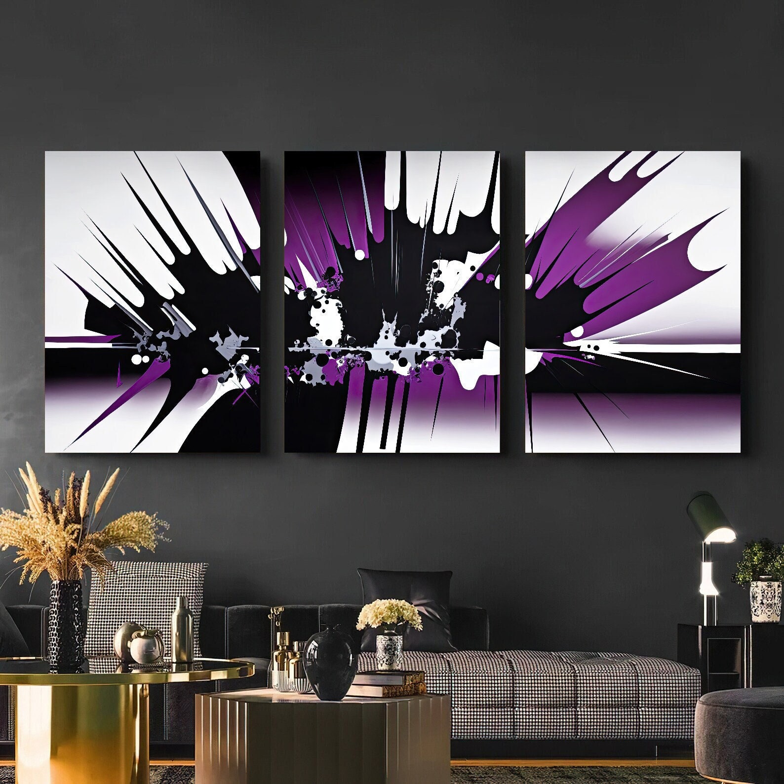 Resumen púrpura y negro, conjunto de 3 y arte de pared grande, conjunto de arte moderno, arte de pared imprimible, descarga de impresión de arte moderno, descarga de impresiones de arte