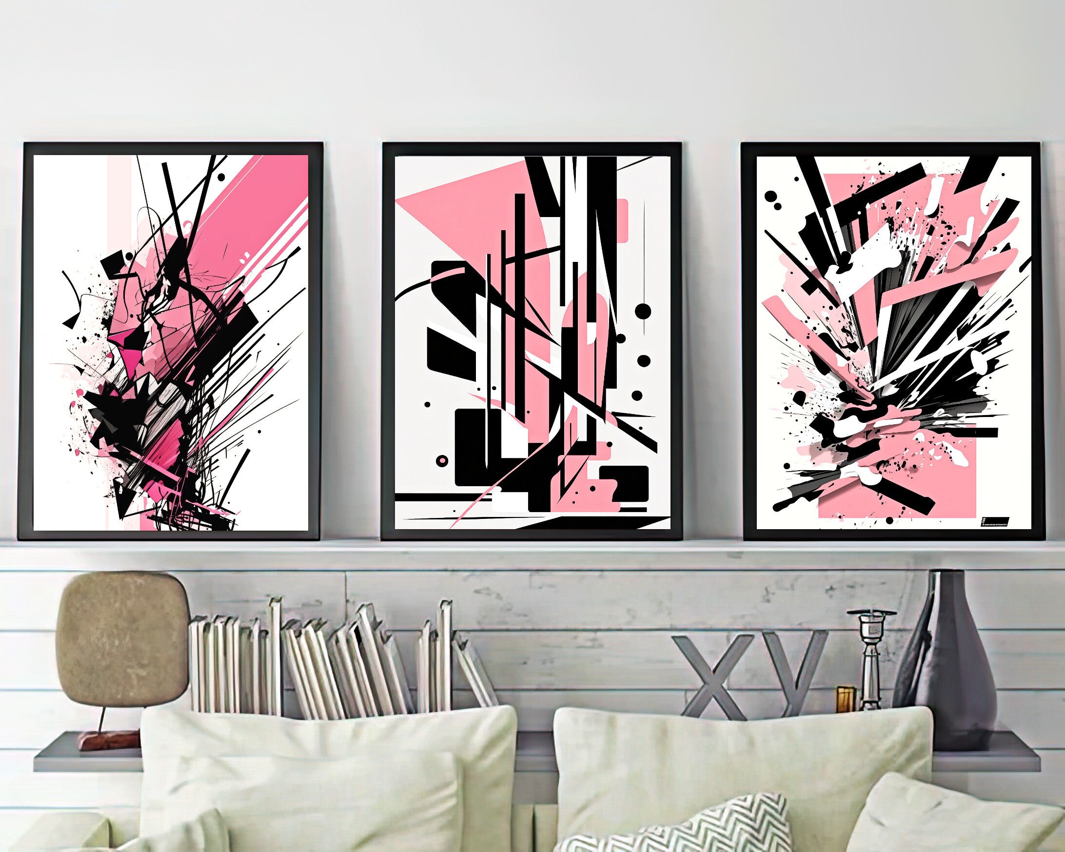 Pink and Black Abstract Wall Art, Set of 3, Modern Art Set, Printable — free download
