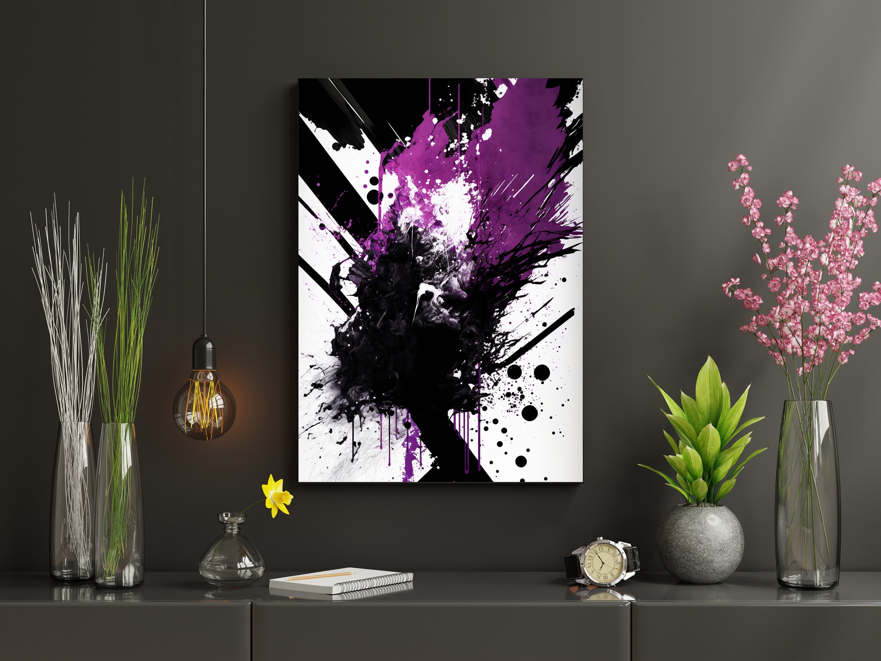 Purple and Black Abstract Wall Art, Set of 3, Modern Art Set, Printable