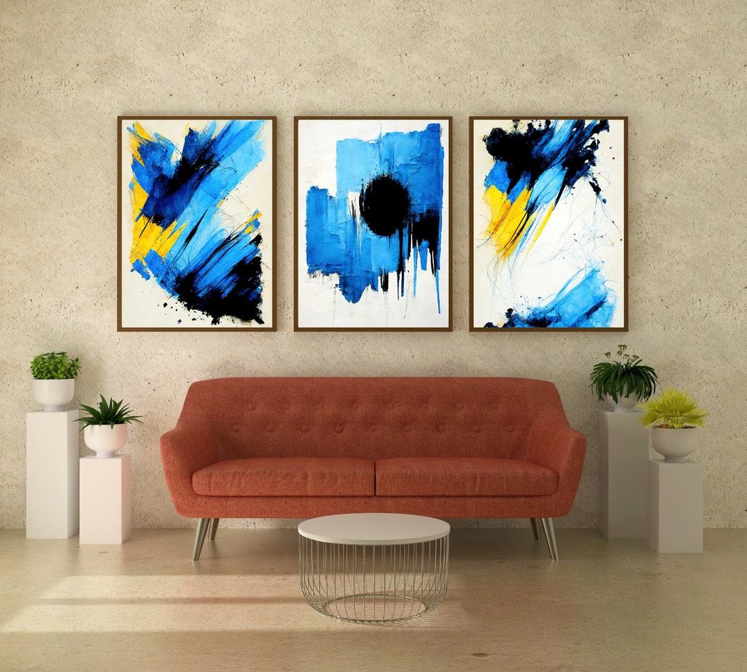 Blue Black and Yellow Abstract Wall Art, Set of 3, Mid Century Modern Art, Printable Wall Art