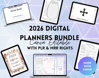 Paquete de plantillas digitales Canva PLR MRR 2026: planificadores, diarios, rastreadores y cuadernos de bitácora. Derechos de reventa del 100 %.