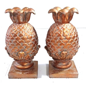 Gold Vintage Tropical Pineapple Bookends Decor Heavy Bronze Plaster Resin Book Ends Hollywood Regency, Tropical, Hawaiian Decor