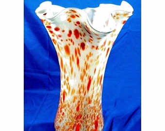 21" Murano Mid-Century Art Deco Fluted Ruffled Art Glass Standing Floor Vase White Orange Splatter