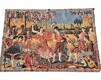 Vintage 67 x 45  Spanish Rectangular Tapestry Rug with Flamenco Dancers & Kitten