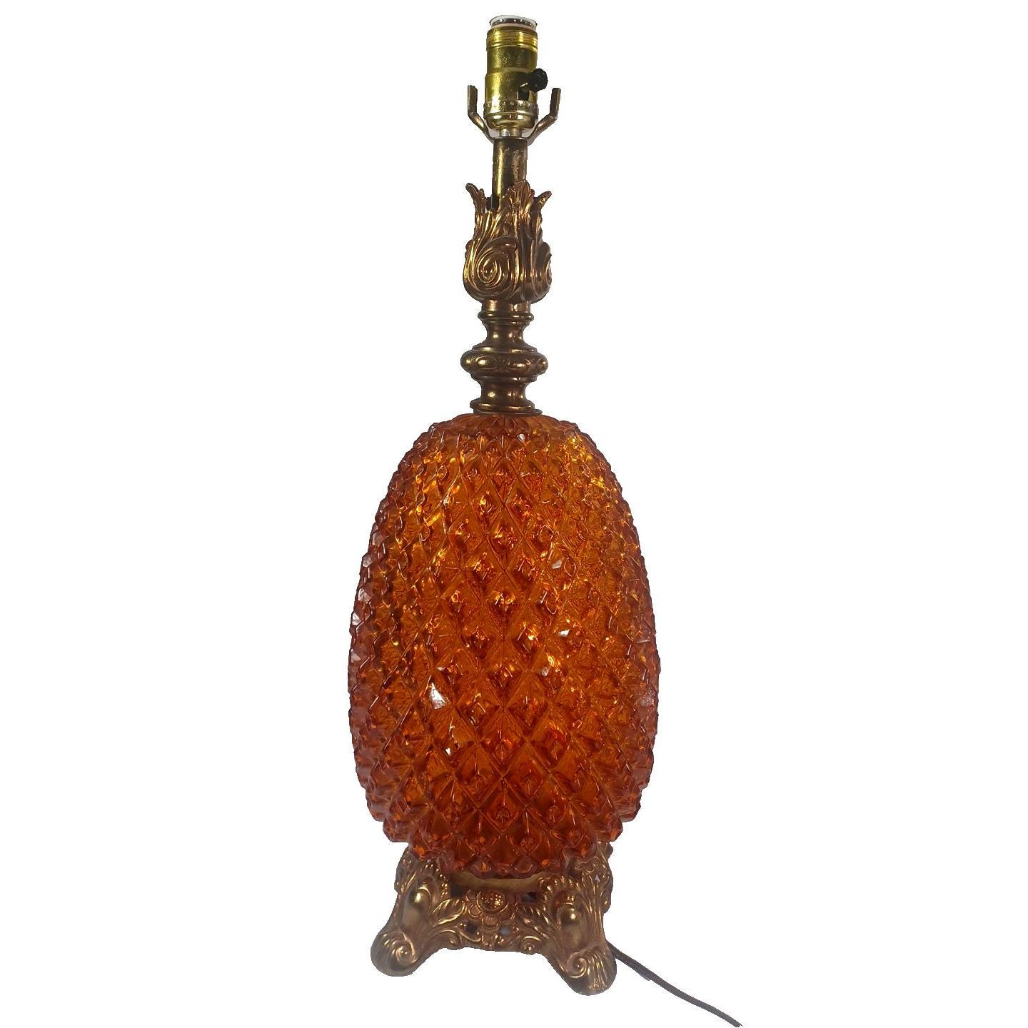 Vintage XL MCM Amber Glass & Brass Diamond Quilted Pineapple