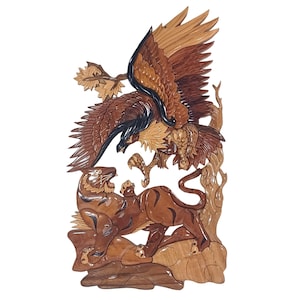 Handcrafted Wood 3D Intarsia Wall Sculpture Art Tiger Patriotic Eagle Battle 22&quot; x 12