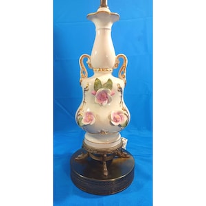 Vintage Rose 28&quot; Capodimonte ? Amphora Vase Floral 22k Gold Porcelain Table Lamp